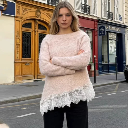 TARUXY Stylish Lace-Paneled Pullover Sweater Women's Solid Round Neck Long Sleeves Loose Knitted Sweater Autumn Commuter Sweater