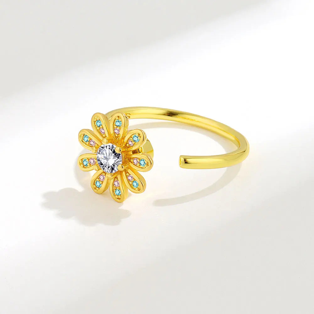 VENTFILLE 925 Sterling Silver Sunflower Diamond Zircon Rotatable Ring For Women Gift Relieve Stress Ring Jewelry Wholesale Streetsharks