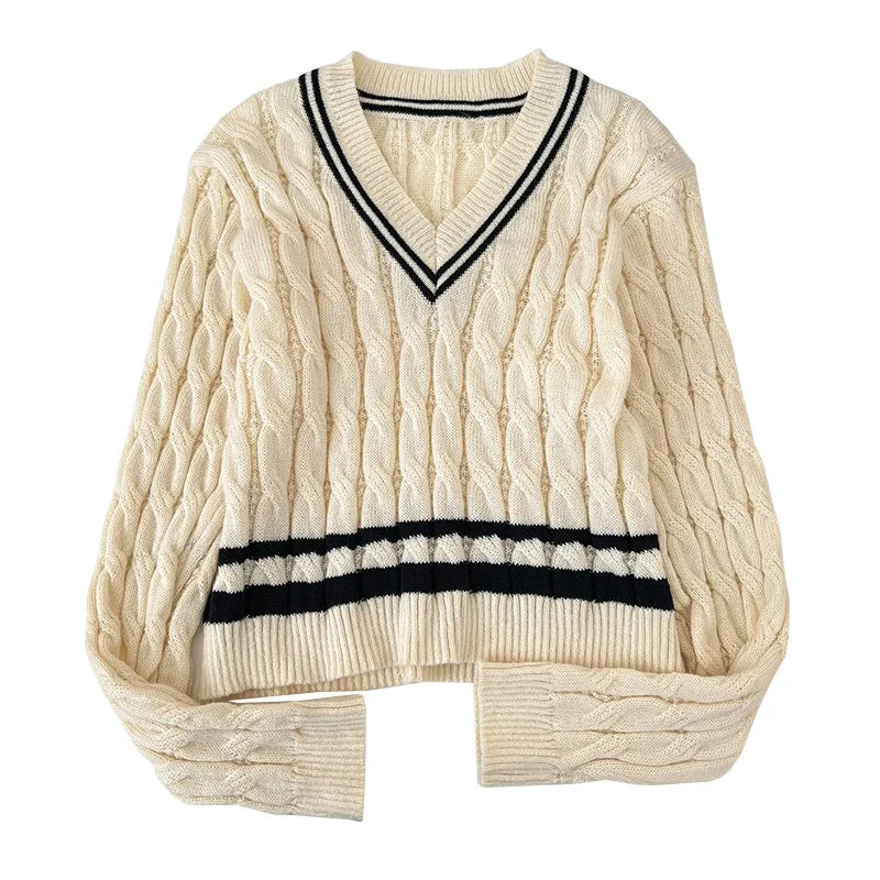2026 New Autumn Winter Preppy Style Knitwear V-neck Long Sleeve Knitted Sweaters Twist Hit Color Striped Short Pullover Tops