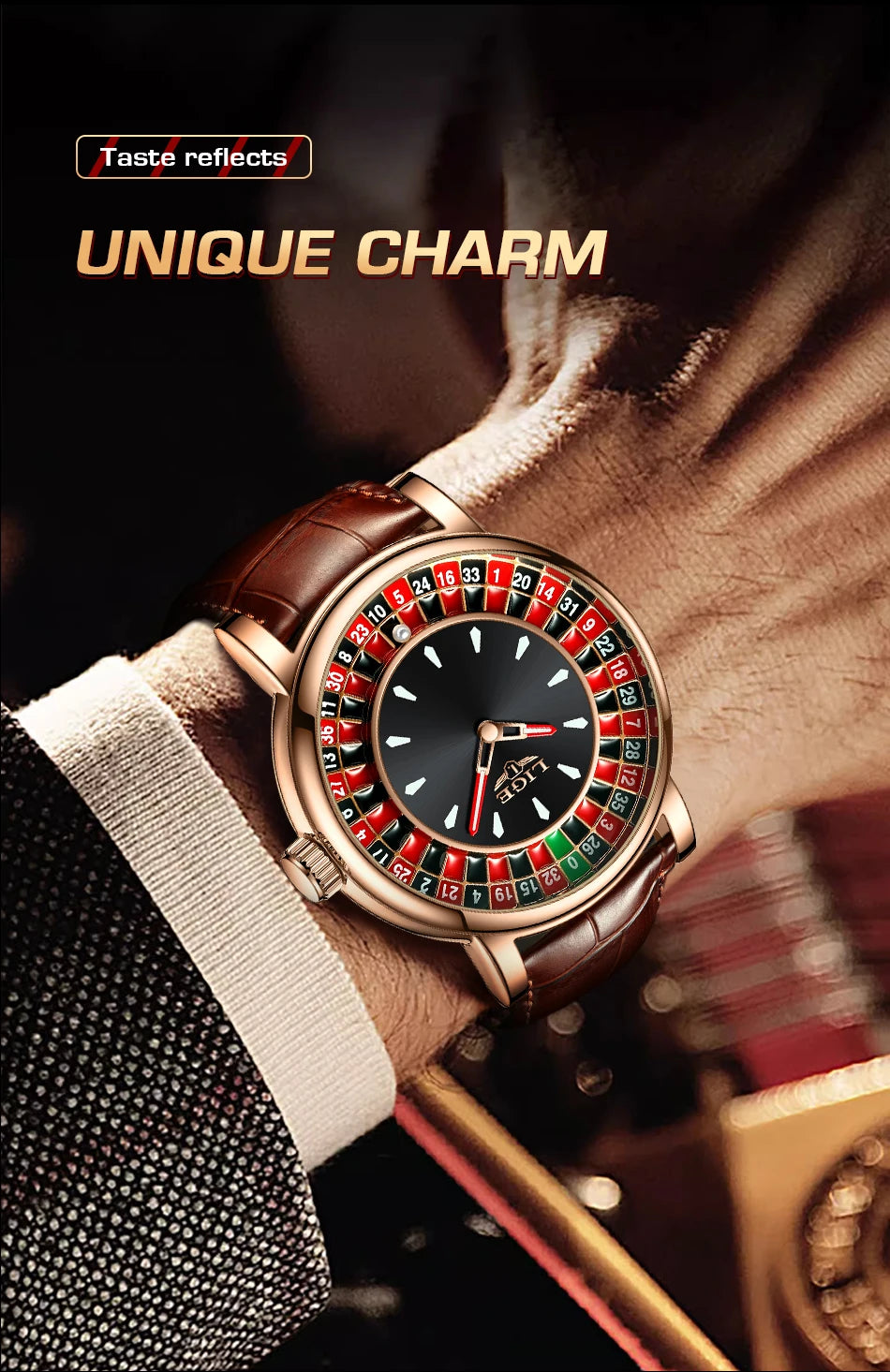 LIGE Fashion Brown Leather Men Watch Rotating Dial Las Vegas Roulette Desktop Theme Watch Men Waterproof Luminous Clock Watches