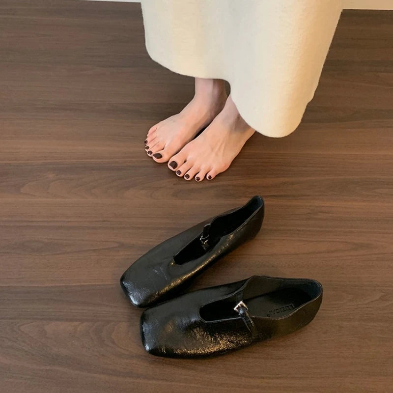 2025 Lightweight Summer French Retro Genuine Leather Shoes Minimalist Elegant Square Toe Flat Shoes Loafers Shoes Women luxecrown.co.uk