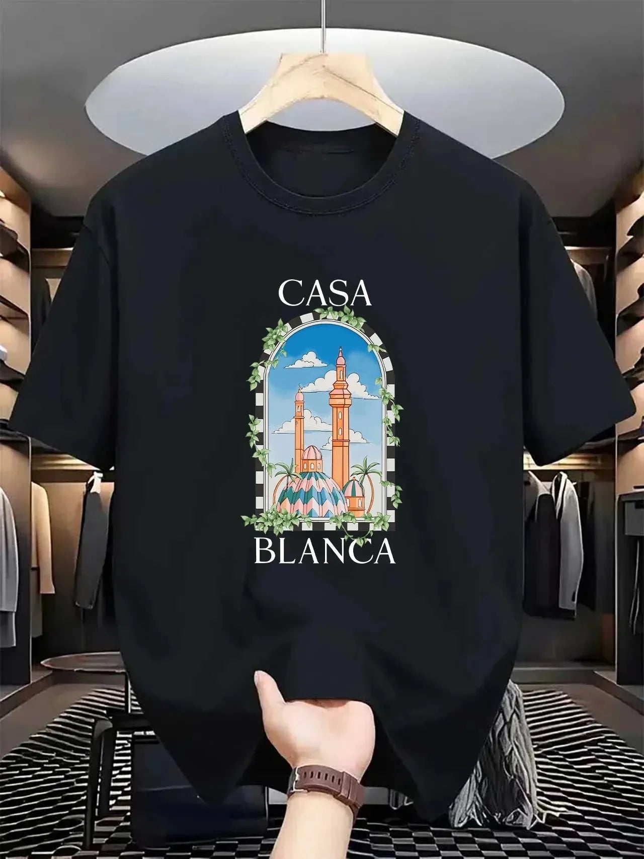 Vintage Casablanca T-Shirt Architecture Graphic Tee Streetwear Men Short Sleeve Summer Hip Hop Casual Loose T-Shirt Clothing luxecrown.co.uk