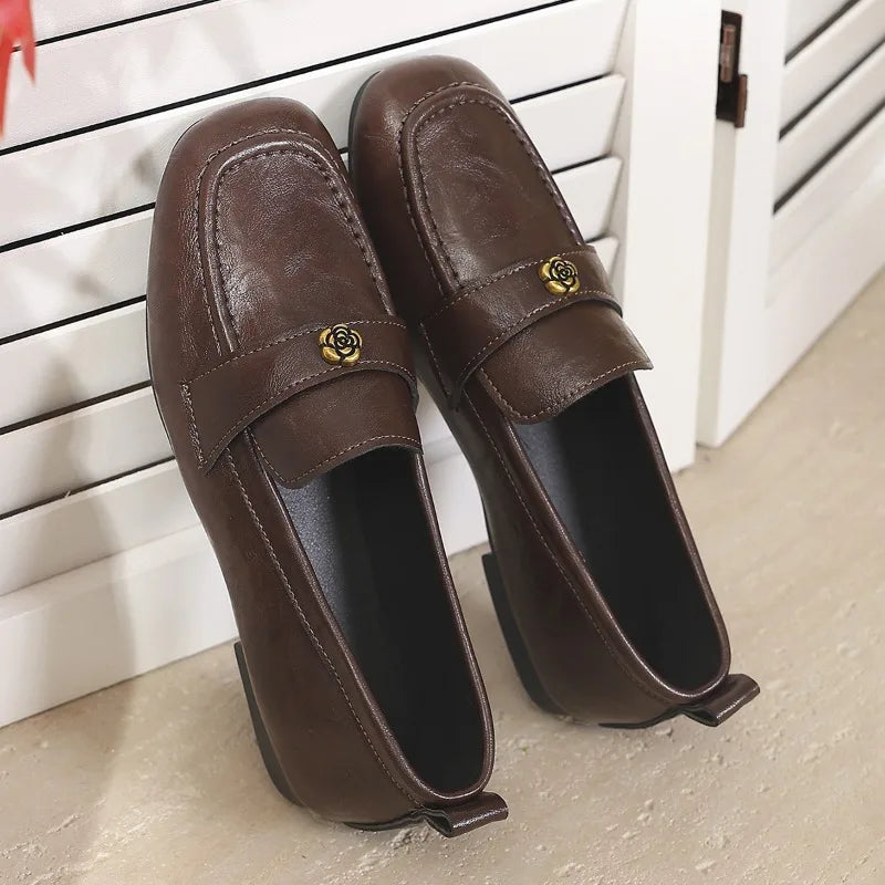 Women's Leather Flat Loafers with Gold-Tone Flower Accessory Round Apron Toe Low Block Heel Comfortable & Office Dress Shoes luxecrown.co.uk