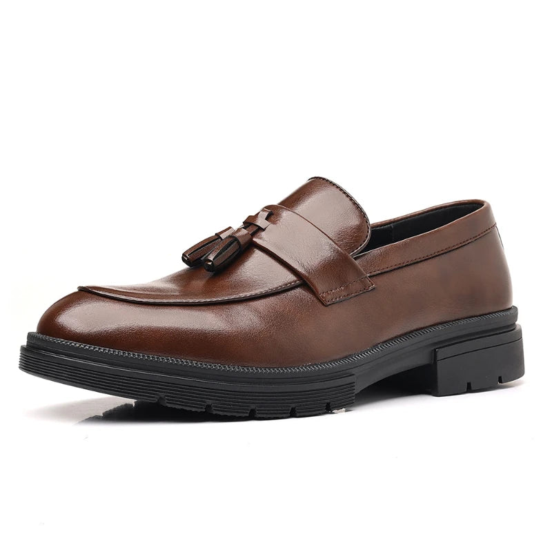 Mens Brown Genuine Leather Tassel Penny Loafers Slip On Chunky Sole Formal Dress Shoes Comfortable Non Slip For Business Office luxecrown.co.uk