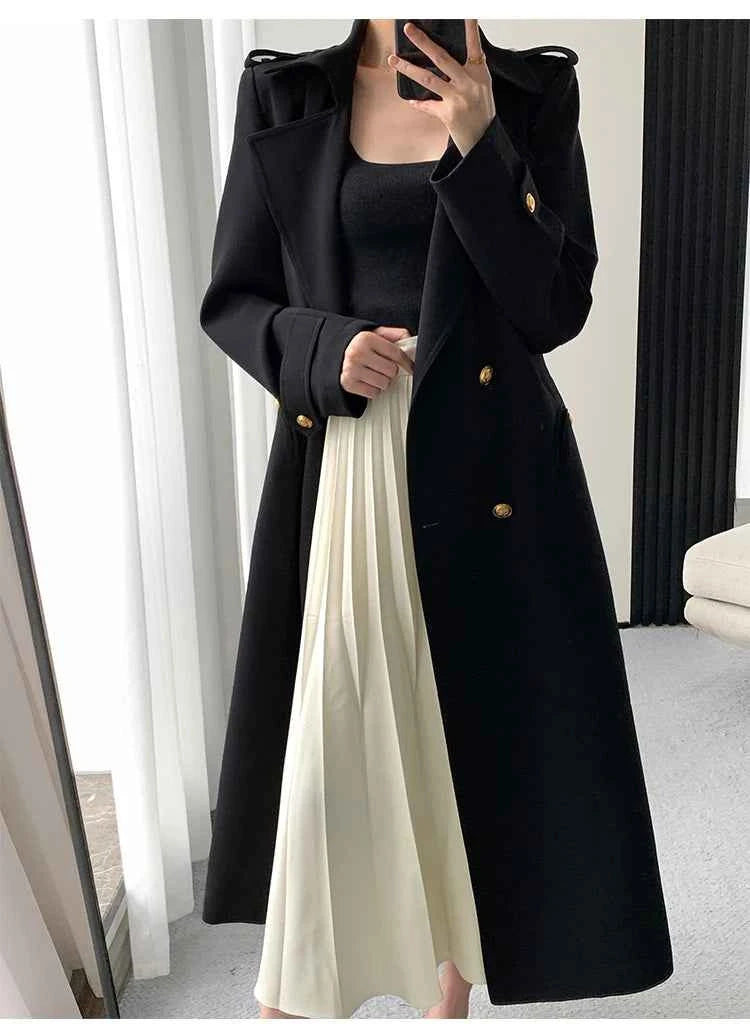 Lautaro Spring Autumn Long Black Trench Coat for Women Gold Buttons Double Breasted Elegant Chic Luxury Designer Clothes 2025