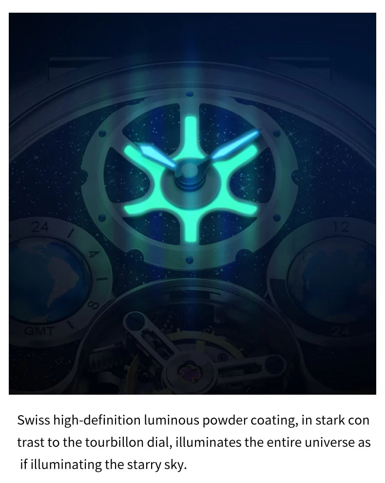 IDEAL KNIGHT Top Brand Luxruy Mens Watch Advanced Tourbillon Automatic Mechanical Watch Waterproof Luminous Dual Region Time