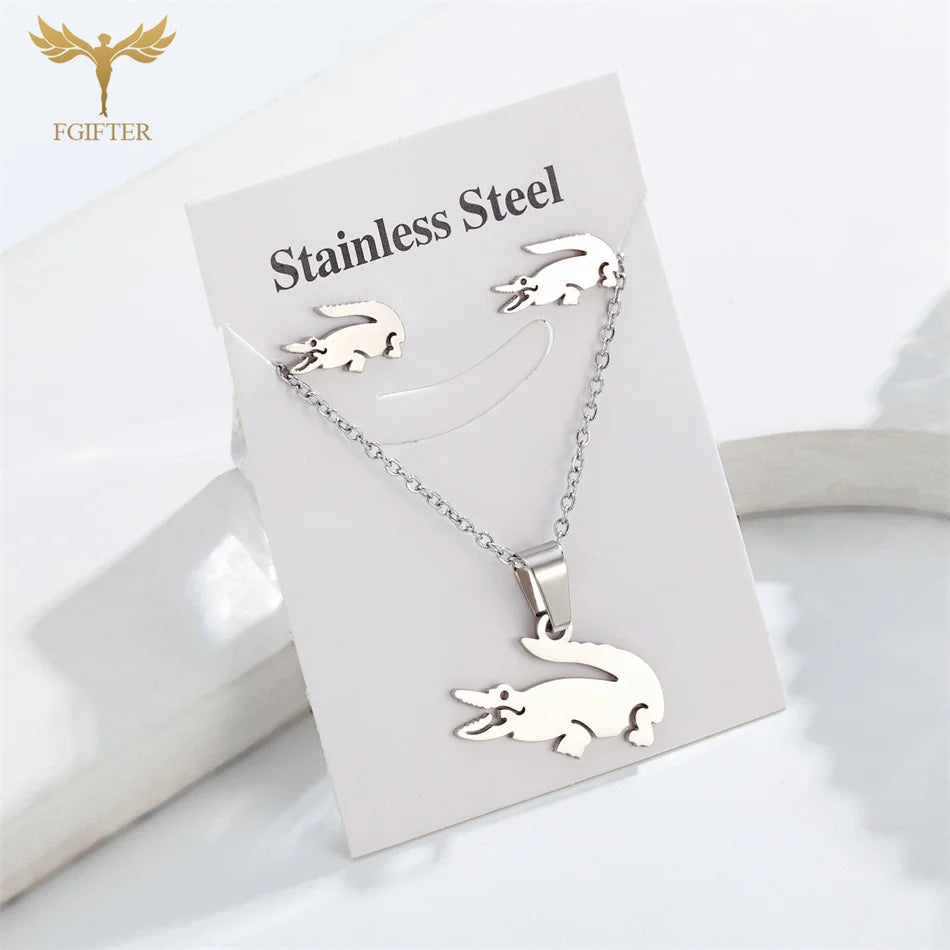 Fgift Gold Plated Sainless Steel Jewelry Sets For Women Crocodile Pendant Chain Necklace Stud Earrings Animal Design Party Gifts Streetsharks