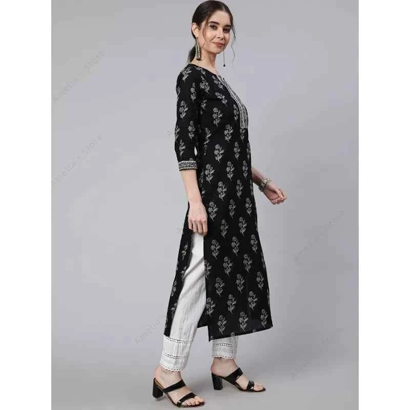Indian Ethnic Kurta for Women Black Cotton Floral Print Tunic Top 3/4 Sleeve Round Neck Casual Mid-Length Kurti India Dress