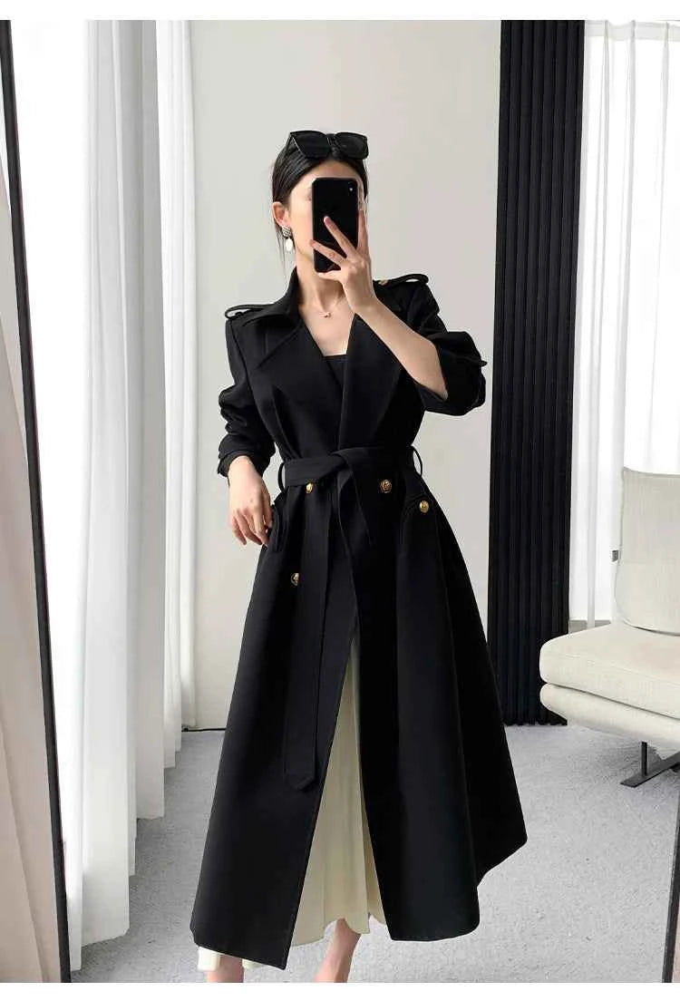 Lautaro Spring Autumn Long Black Trench Coat for Women Gold Buttons Double Breasted Elegant Chic Luxury Designer Clothes 2025
