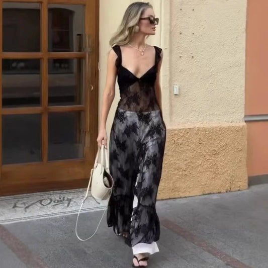 TARUXY Elegant Black Lace Sexy Dress Women's Summer New Perspective Hollow Out Slit V-Neck Straps Dress Female Party Club Dress