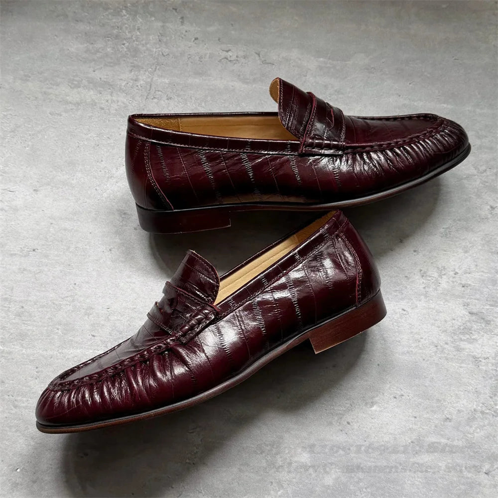 Retro Loafers for Men Lazy Eel Casual Leather Shoes Pleated Single Shoes Dark Browm Slip On Elegant Slip On Bean Shoes luxecrown.co.uk