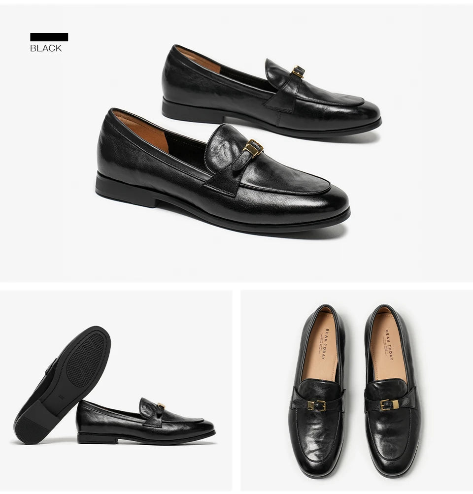 BEAUTODAY Loafers Women Cow Leather Waxing Round Toe Metal Buckle Strap Slip-on Flats Business Suit Ladies Shoes Handmade 26267 luxecrown.co.uk