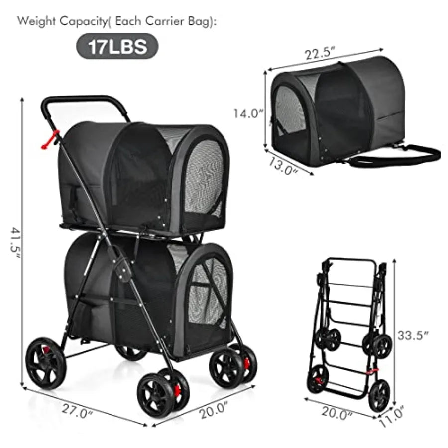 Pet stroller for travel and strolling; polyester fabric; black; double detachable carrier bags, safety belt, 4 lockable wheels, luxecrown.co.uk