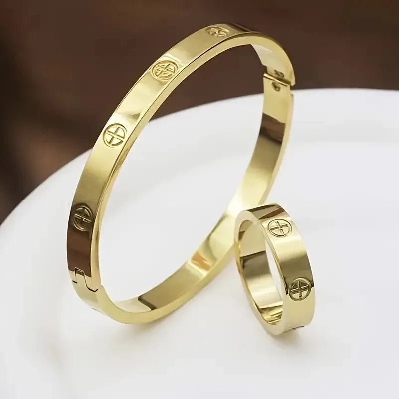 Stainless Steel Luxury Fashion Jewelry Set Golden Women Bangle Bracelet Love Cross Finger Rings For Men Women Jewelry Set Gift Streetsharks