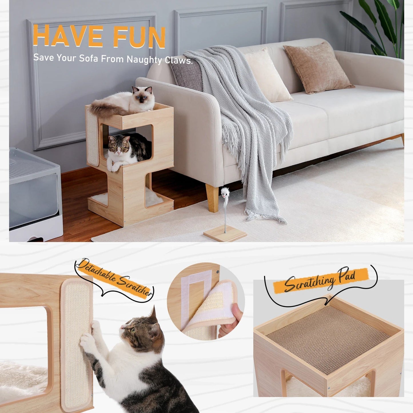 Wood Cat Condo House Bed with Removable Soft Mats Modern Cat Tree Tower with Scratching Pad Cat Scratcher Furniture Kitten Toys luxecrown.co.uk