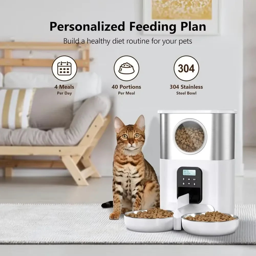5L Large Capacity Automatic Cat Feeder For 2 Cat & Dog Timer Pet Feeder With Stainless Steel Bowl Pet Dry Food Auto Dispenser luxecrown.co.uk
