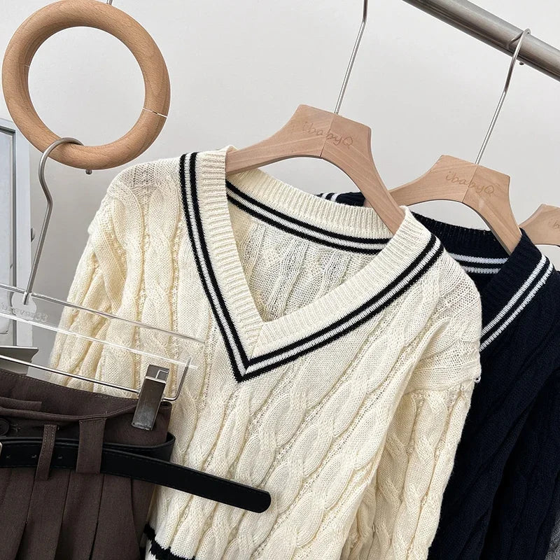 2026 New Autumn Winter Preppy Style Knitwear V-neck Long Sleeve Knitted Sweaters Twist Hit Color Striped Short Pullover Tops