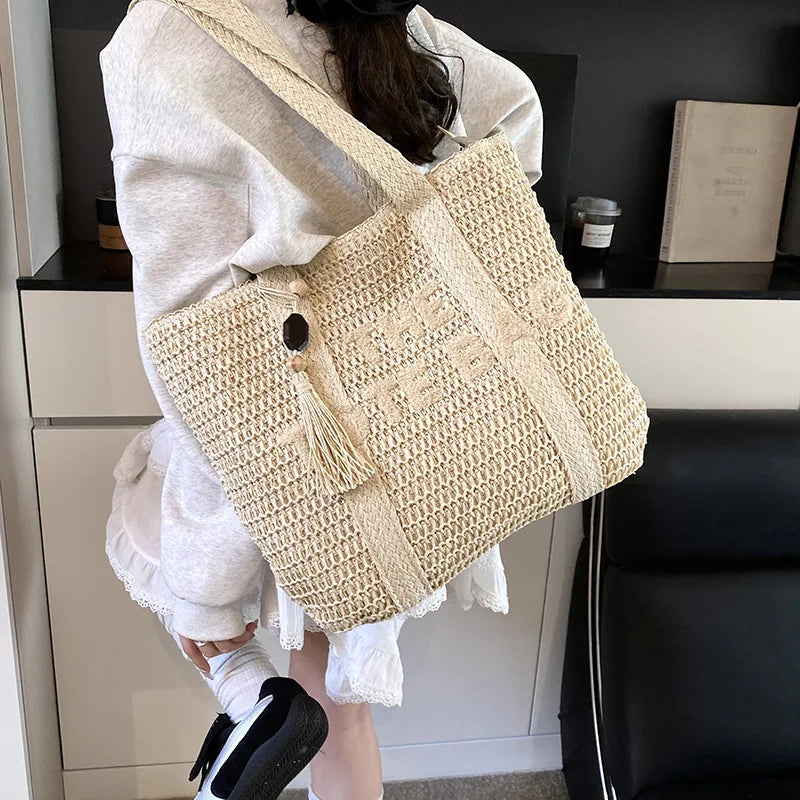French Style Large Capacity Woven Straw Woven Bag for Women New Beach Vacation Shoulder Bag Casual Commuting Tote Bag Purse luxecrown.co.uk