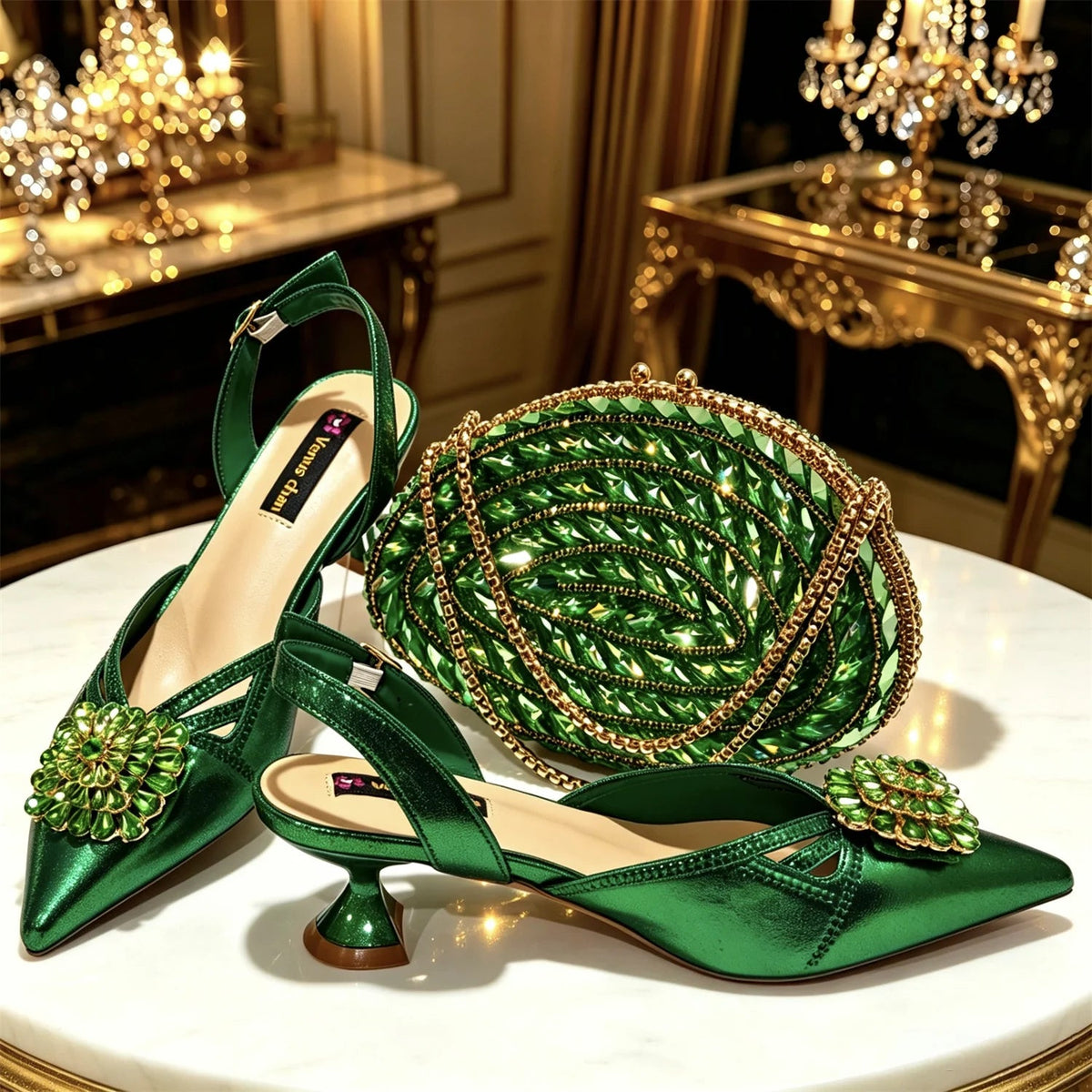 2026 Italian Peach Gold Rhinestone HAND CRAFTED UPPER Pointed Toe Women High Heels Shoes and Bag Set Elegant Party Shoes luxecrown.co.uk