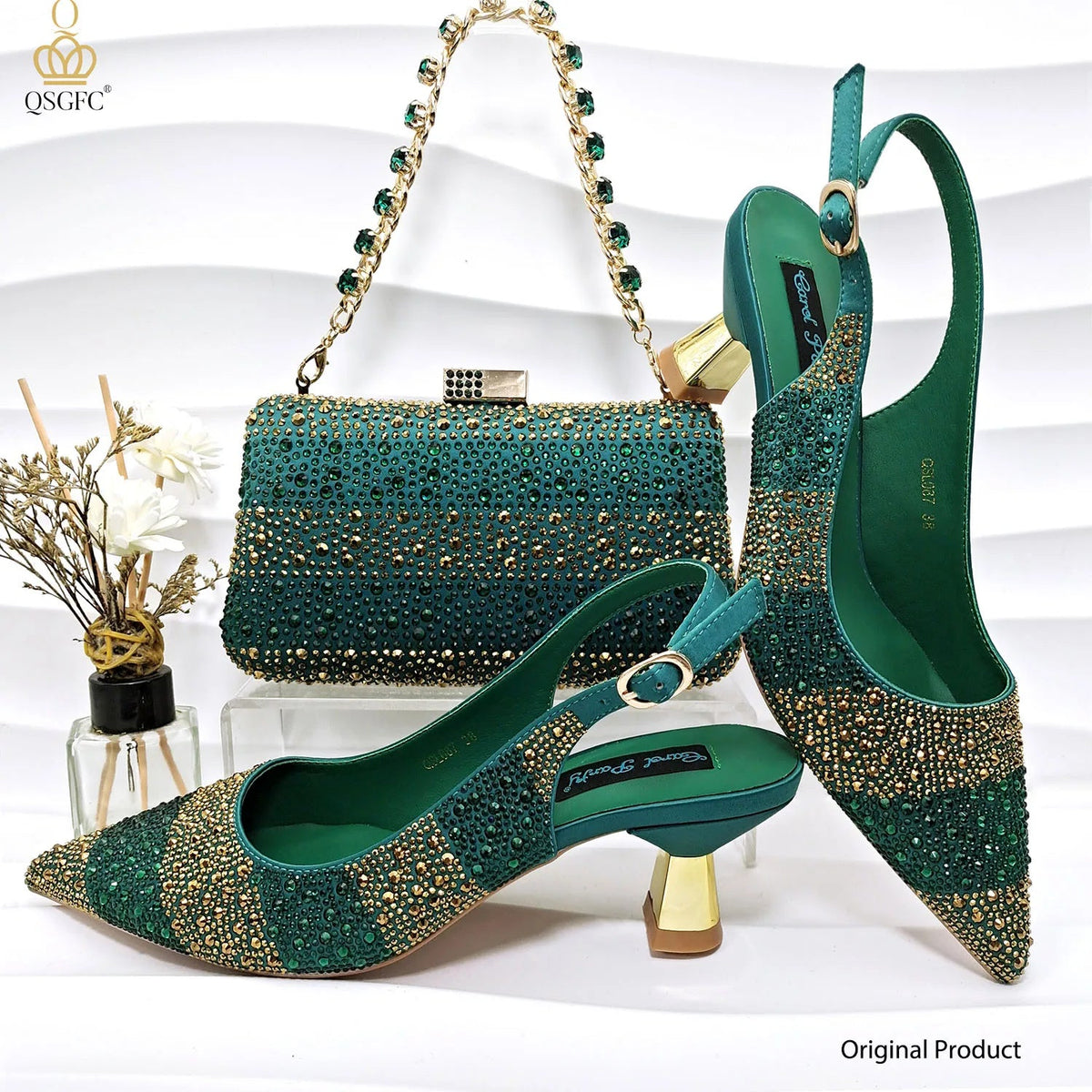 2026 Nigerian Women Heel Ladies Italian Luxury Design Green Shoes And Bag Set Decorated with Rhinestone Handbag Wedding Party luxecrown.co.uk
