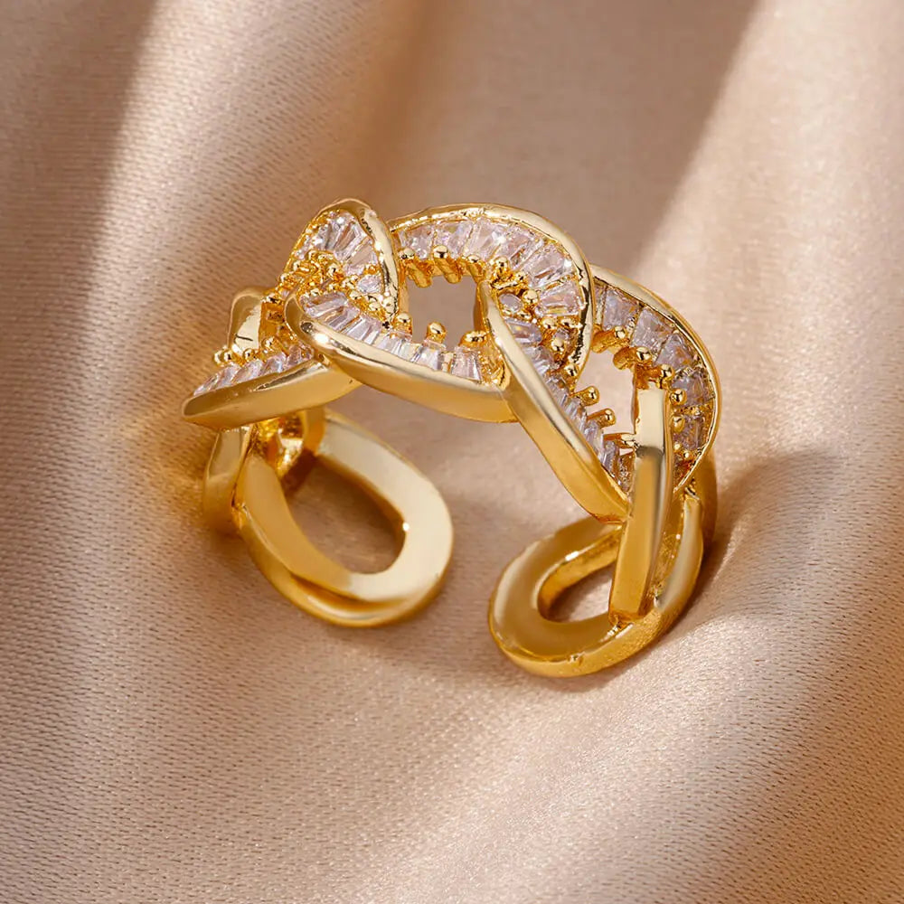 Fashion Gold Color Stainless Steel Rings For Women Chain Hollow Out Crystal Zircon Finger Ring Jewelry 2023 Gift anillos mujer Streetsharks