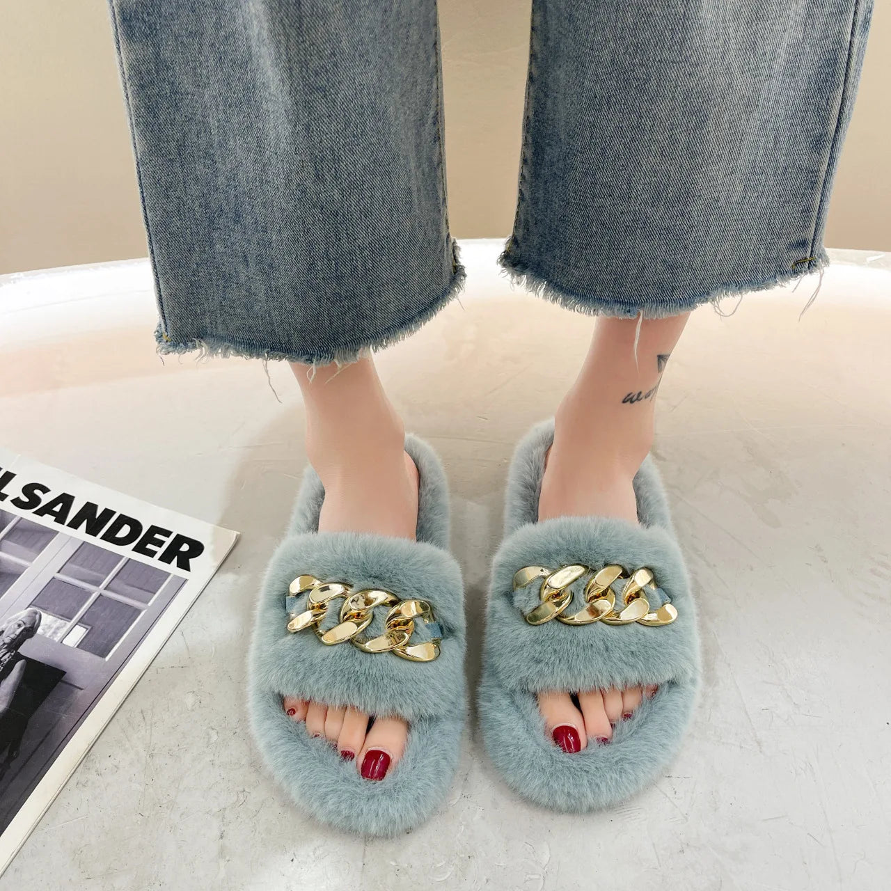 Fashion Faux Fox Fur Slippers Women Spring Autumn Fluffy Slides Ladies Peep Toe Fur Shoes Flat Large Size Furry Soft House Shoes luxecrown.co.uk
