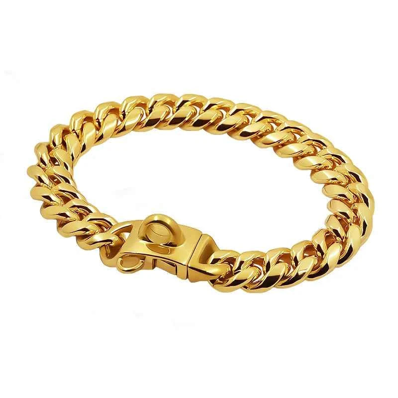 Metal Dog Collar Stainless Steel Pet Choker Gold Cuban Link Chain 14mm Wide Lead for Small Medium Large Dogs Pet Accessories luxecrown.co.uk