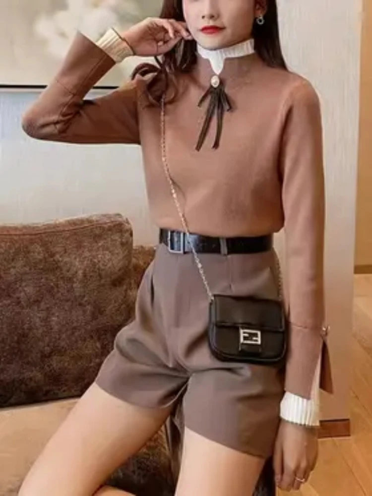 Autumn Winter Sweater Sweet Bow Knitwears Long Sleeve Slim Pullovers Women Solid Knitted Sweater Korean Casual Base Layer Y2k