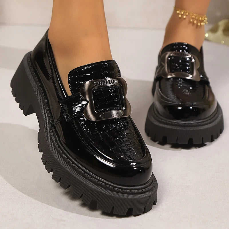 Plus Size Platform Loafers Shoes for Women 2025 Fashion Metal Buckle Pu Leather Shoes Woman Spring Autumn Slip On Flats Female luxecrown.co.uk