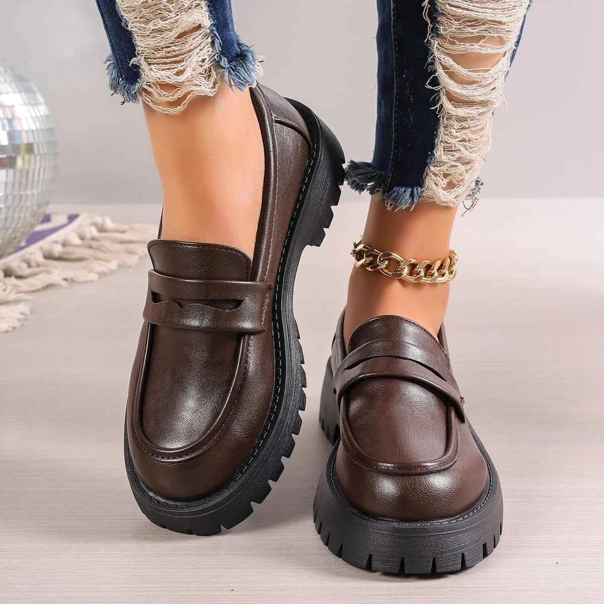 Casual Platform Loafers Woman 2024 British Style Black Brown PU Leather Shoes for Women Comfort Slip On Flats Plus Size luxecrown.co.uk
