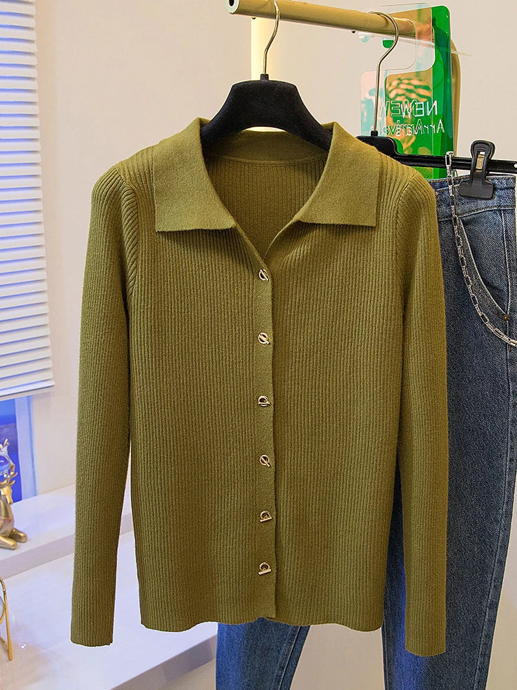 2026 Korean Style Fashion Autumn Winter Turn Down Collar Cardigan Knitted Sweater Casual Loose Long Sleeved Base Sweater Women