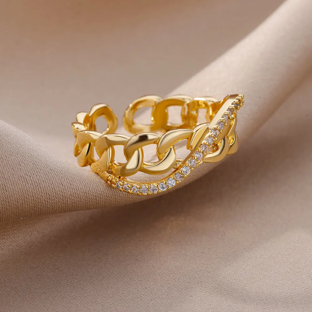 Fashion Gold Color Stainless Steel Rings For Women Chain Hollow Out Crystal Zircon Finger Ring Jewelry 2023 Gift anillos mujer Streetsharks