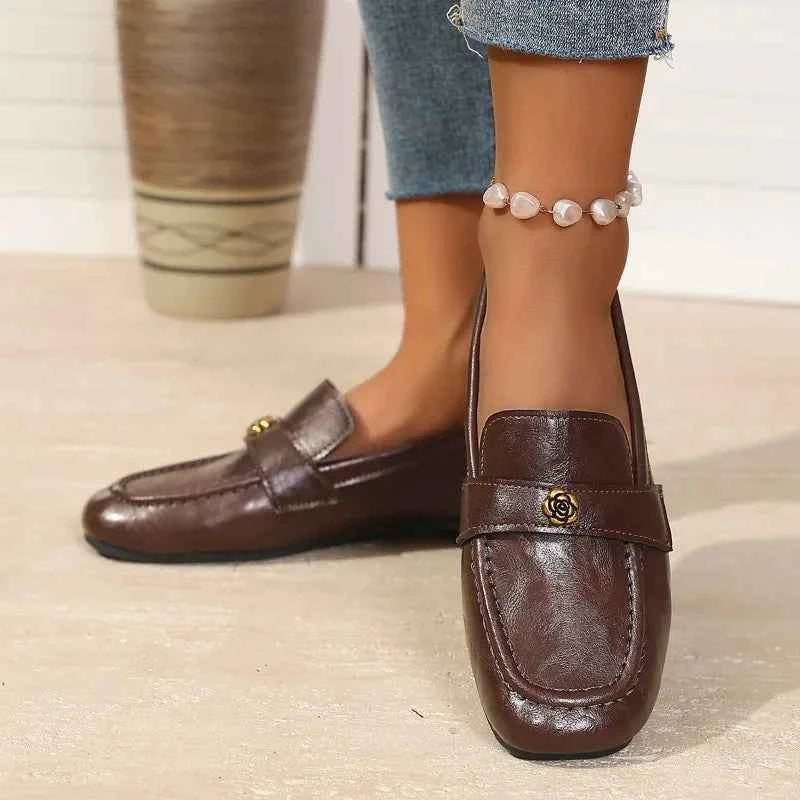 Women's Leather Flat Loafers with Gold-Tone Flower Accessory Round Apron Toe Low Block Heel Comfortable & Office Dress Shoes luxecrown.co.uk