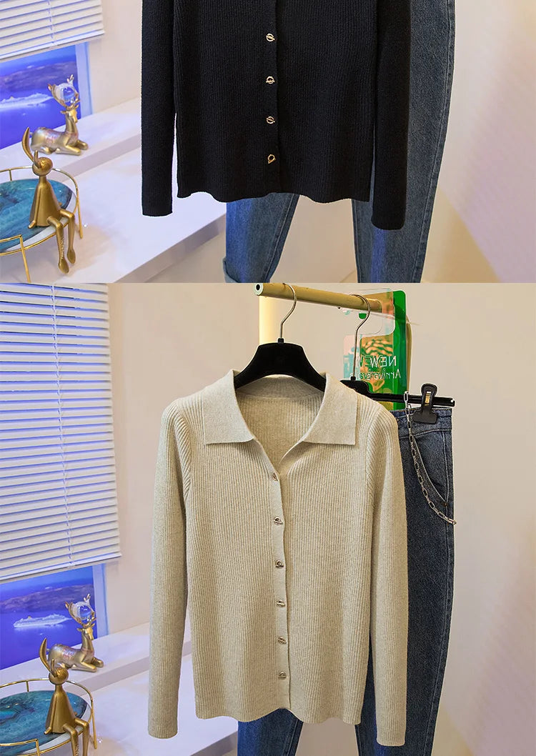 2026 Korean Style Fashion Autumn Winter Turn Down Collar Cardigan Knitted Sweater Casual Loose Long Sleeved Base Sweater Women