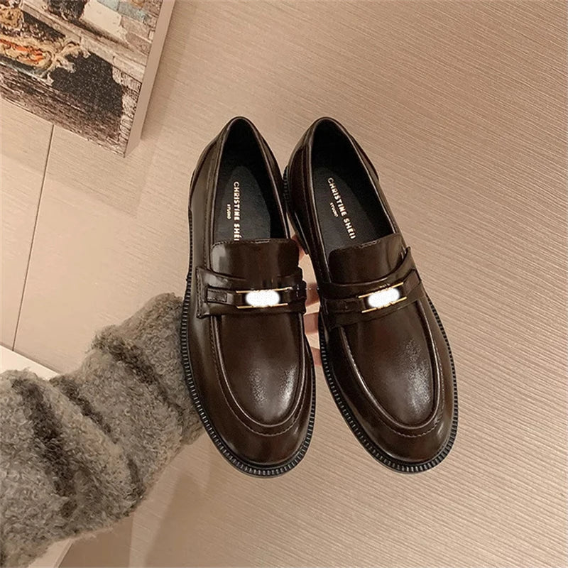 Spring New Women's Genuine Leather Shoes British Style Black Casual Shoes Banquet Office Wear Stylish Metal Design Loafers luxecrown.co.uk