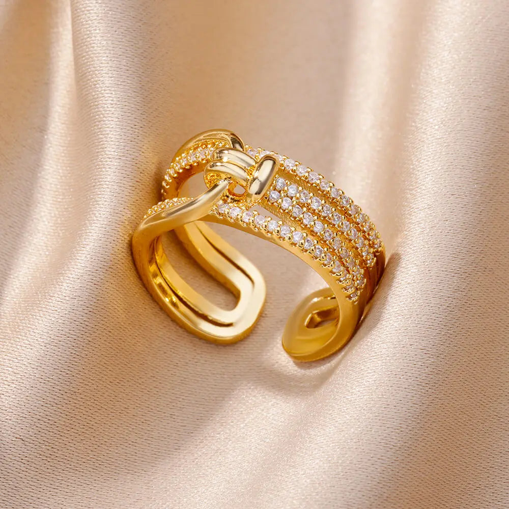 Fashion Gold Color Stainless Steel Rings For Women Chain Hollow Out Crystal Zircon Finger Ring Jewelry 2023 Gift anillos mujer Streetsharks