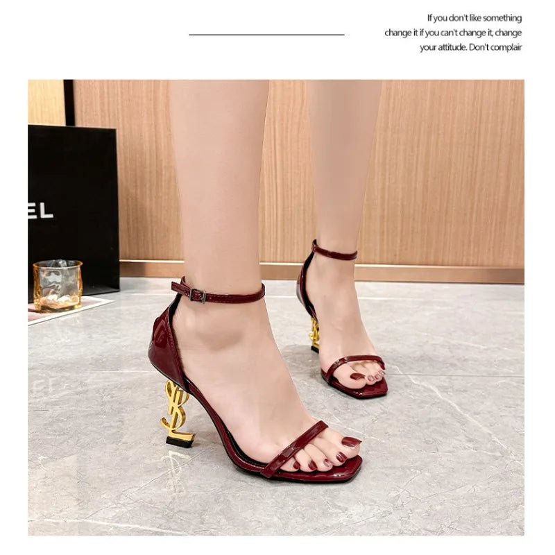 High Heel Open End Sandals, Sexy, with Unique Strap, Red Wine Color, Elegant Personality New Summer Style Elegant Ladies Sandals luxecrown.co.uk