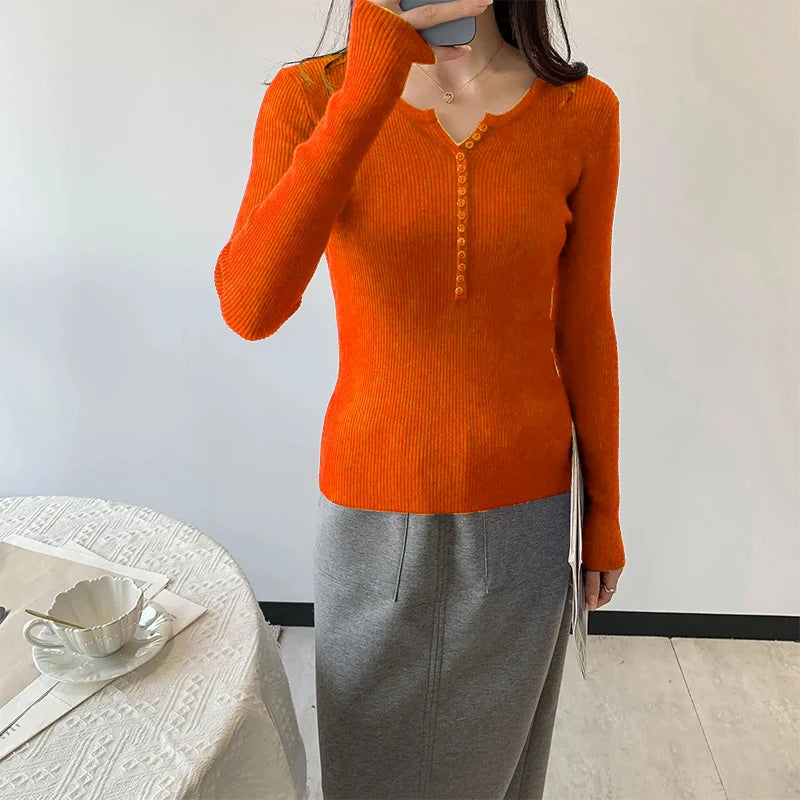 2026 Spring Autumn Basic Sweaters Knitted Women Sweater Button O-neck Pullovers Female Pullover Slim Solid Bold Stripes Tops