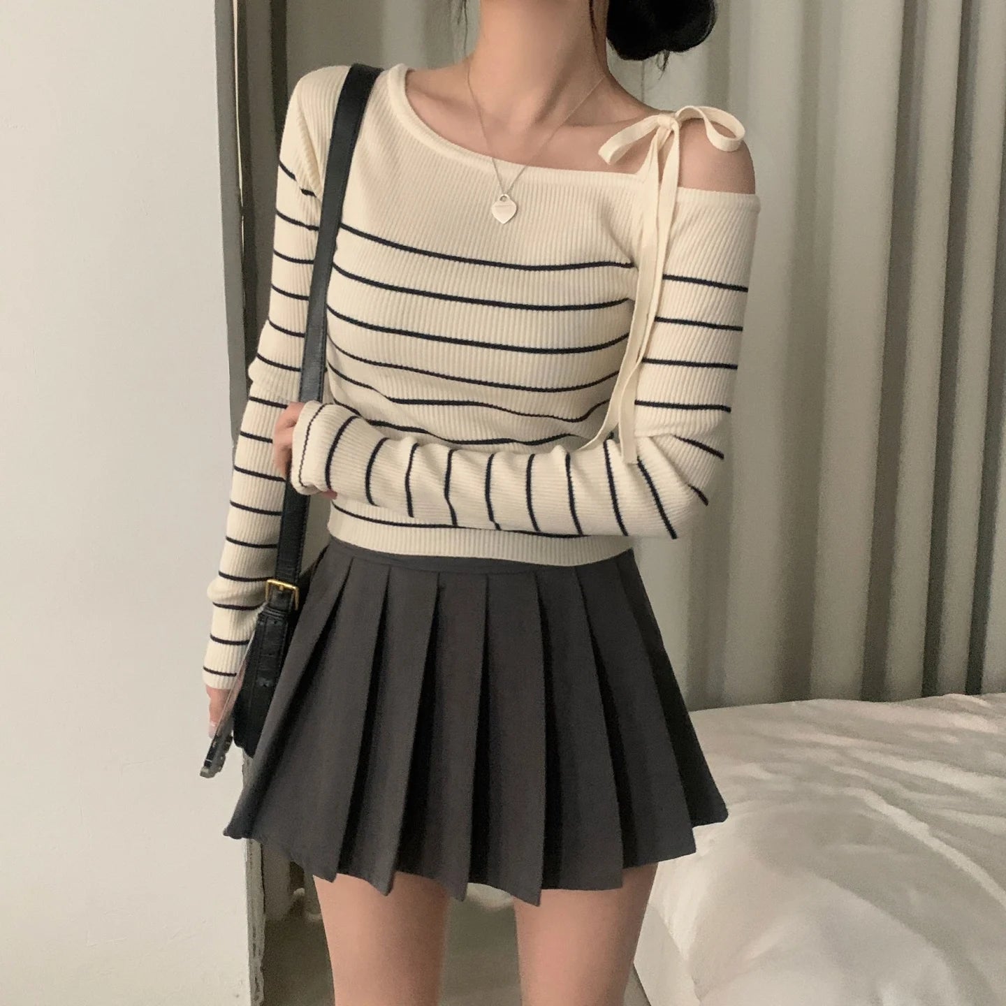 2026 New Women's Elegant Off-Shoulder Sweater T-Shirt Black White Striped with Adjustable Lace-Up Fall Winter Casual Chic Top