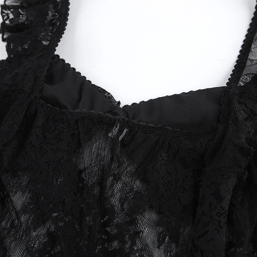 TARUXY Elegant Black Lace Sexy Dress Women's Summer New Perspective Hollow Out Slit V-Neck Straps Dress Female Party Club Dress