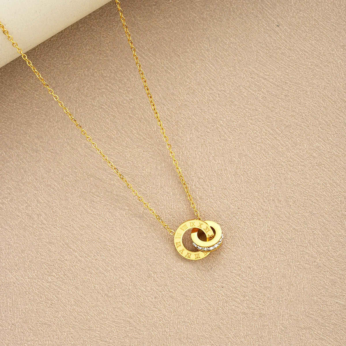 4Pcs/Set Gold Color Stainless Steel Crystal Necklace Bracelet Earrings for Women Interlocking Circles Roman Numbers Jewelry Sets Streetsharks