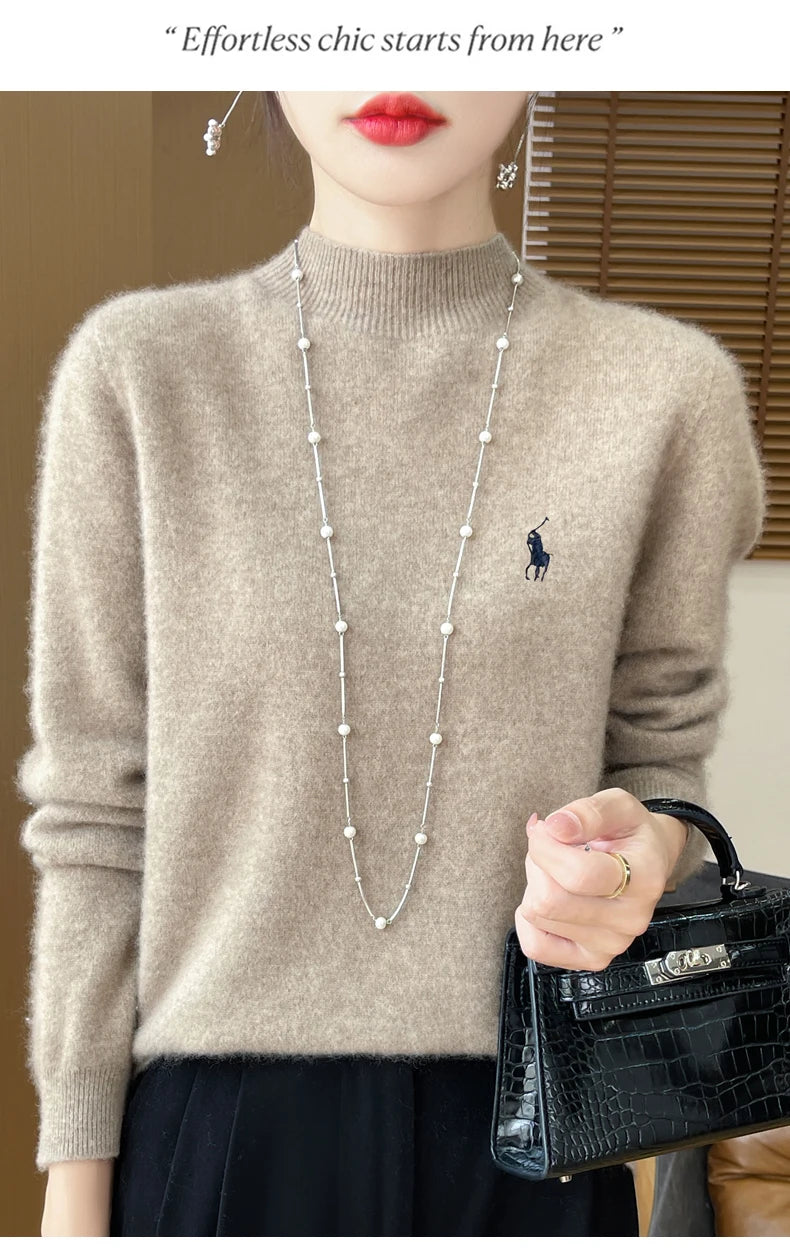 2024 Autumn/Winter Women's New Cashmere Hoodie Fashionable Embroidered Half High Neck Soft Cashmere Explosive100% Australianwool Streetsharks