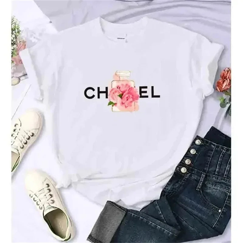 Luxury Fashion Brand Printed Women's Summer T-Shirt Alphabet Flower Perfume Shirt Pattern T-Shirt High Quality Short Sleeve Top Streetsharks