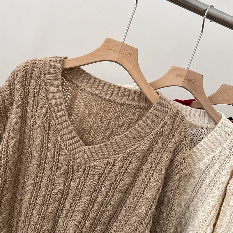 2026 New Autumn Winter Loose Casual Knitwear V-neck Long Sleeve Knitted Sweaters Twist Hollow Out Crochet Short Pullover Tops