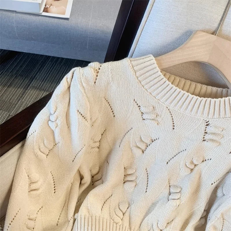 2026 New Autumn Winter Women O-neck Long Sleeve Knitted Sweaters Hollow Out Knitwear Crochet Solid Color Short Pullover Tops