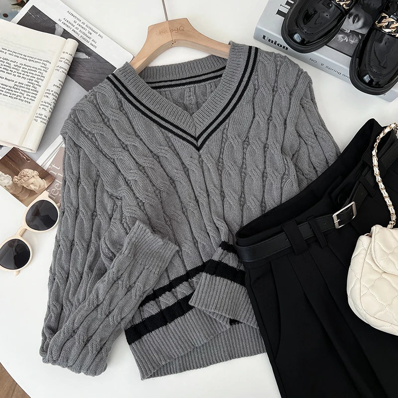 2026 New Autumn Winter Preppy Style Knitwear V-neck Long Sleeve Knitted Sweaters Twist Hit Color Striped Short Pullover Tops