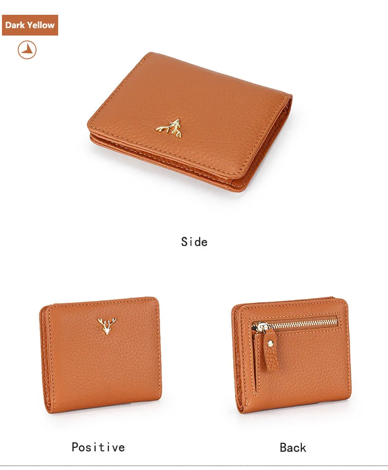Cowhide Women's Purses Short Thin Small Wallet Chic Christmas Deer Button Ladies Genuine Leather Card Holder Wallet Coin Purse luxecrown.co.uk