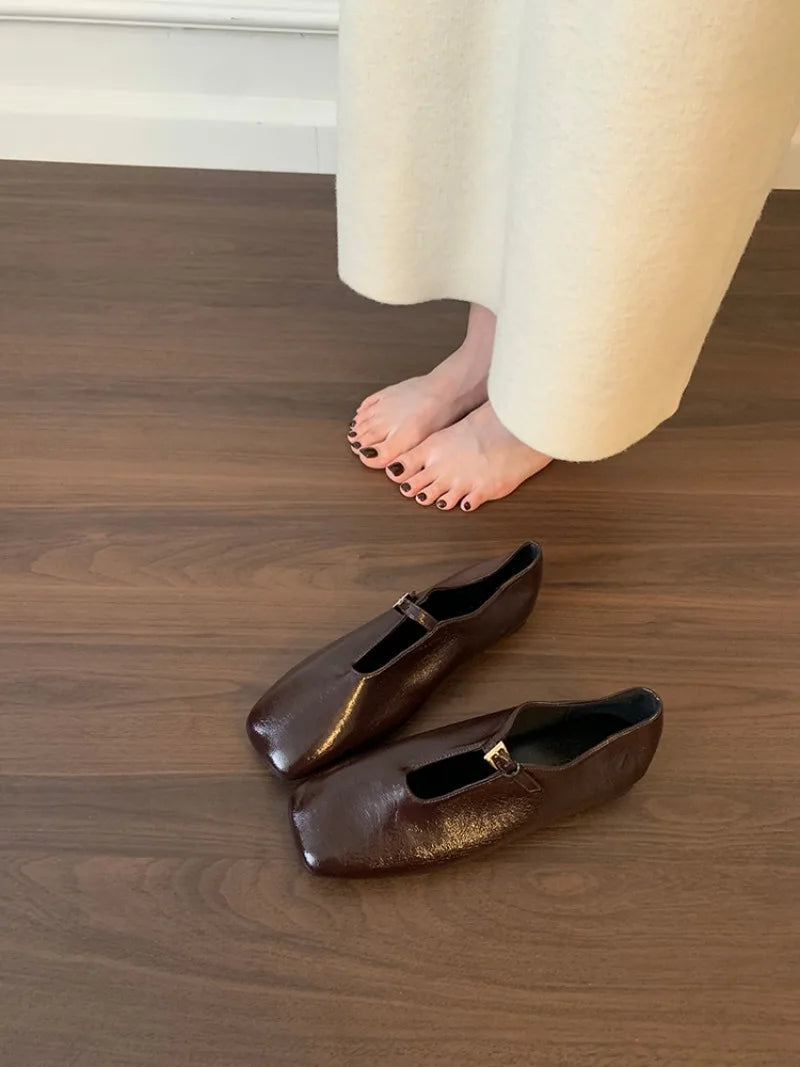 2025 Lightweight Summer French Retro Genuine Leather Shoes Minimalist Elegant Square Toe Flat Shoes Loafers Shoes Women luxecrown.co.uk