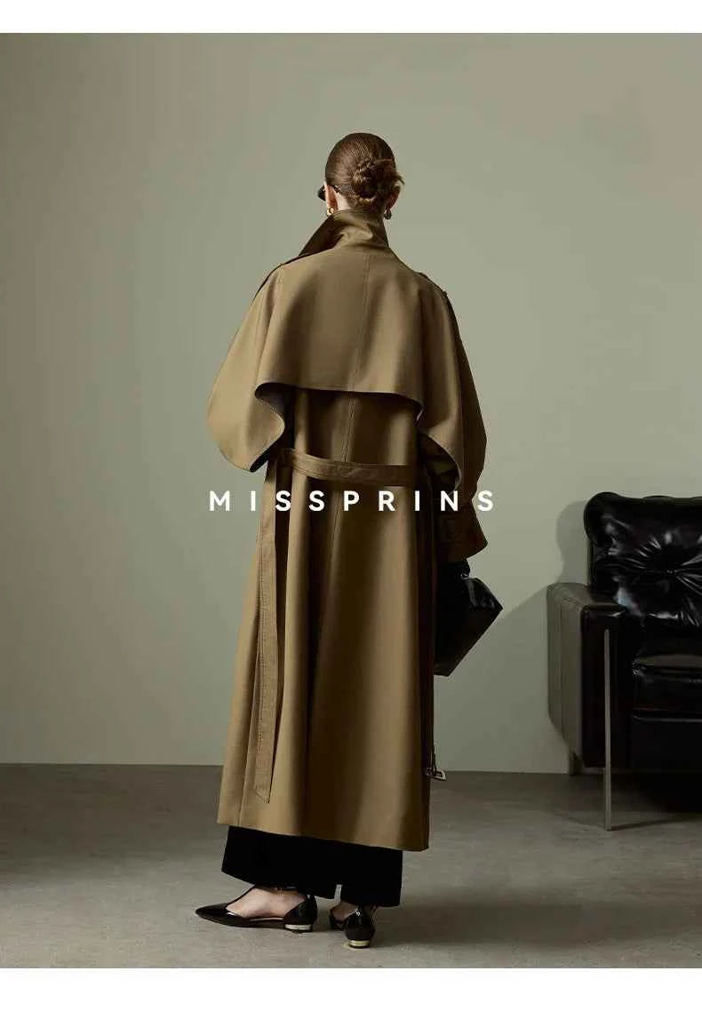 Lautaro Spring Autumn Long Khaki Trench Coat for Women Belt Double Breasted Chic Luxury Designer European Fashion Clothes 2025
