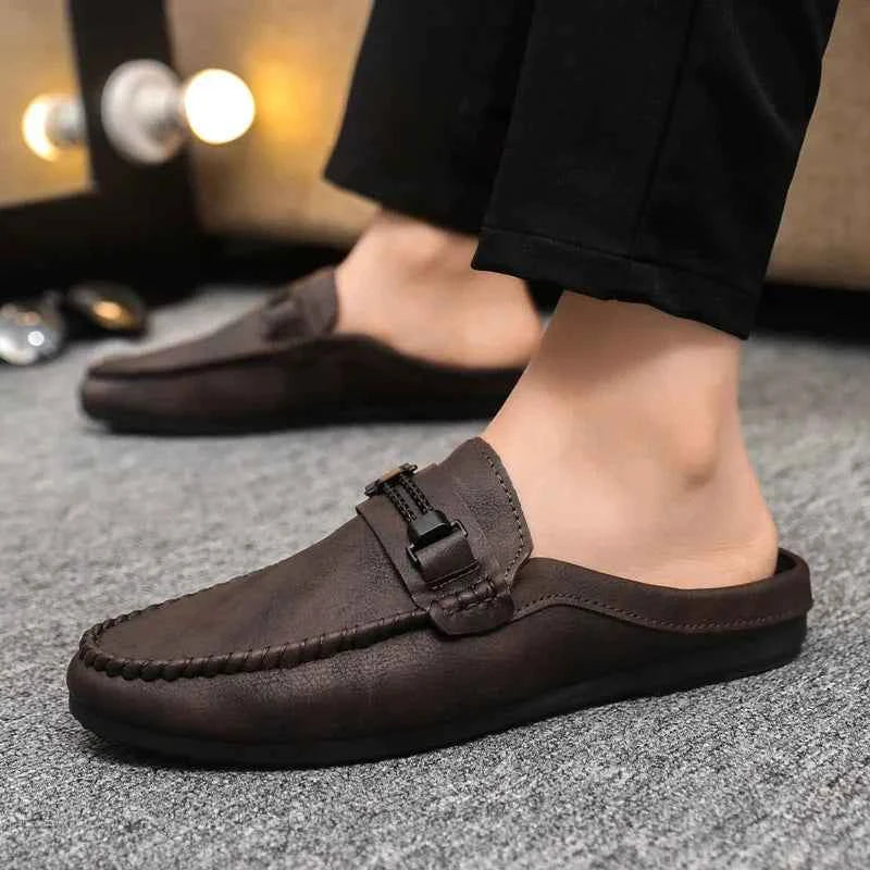 Summer Leather Men Half Slippers Breathable Mens Casual Shoes Slip-on Lazy Driving Shoes Comfortable Walking Loafers Moccasins luxecrown.co.uk